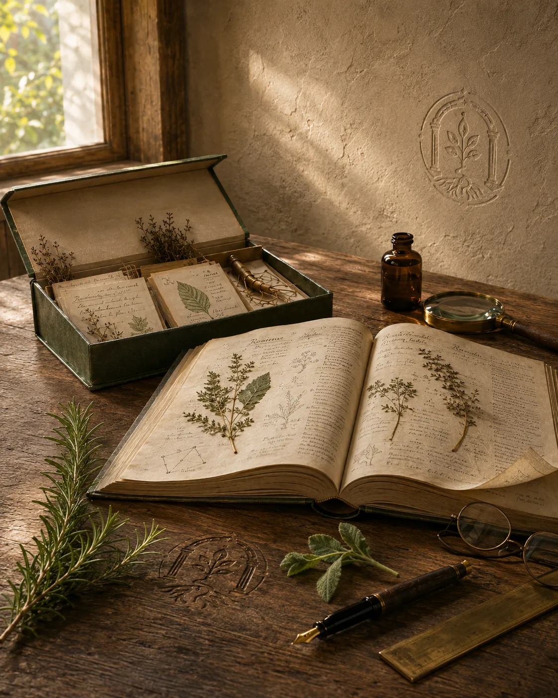 Botanický deník, archivní box PENTARIVA a ručně psané bylinné poznámky v teplém evropském světle.