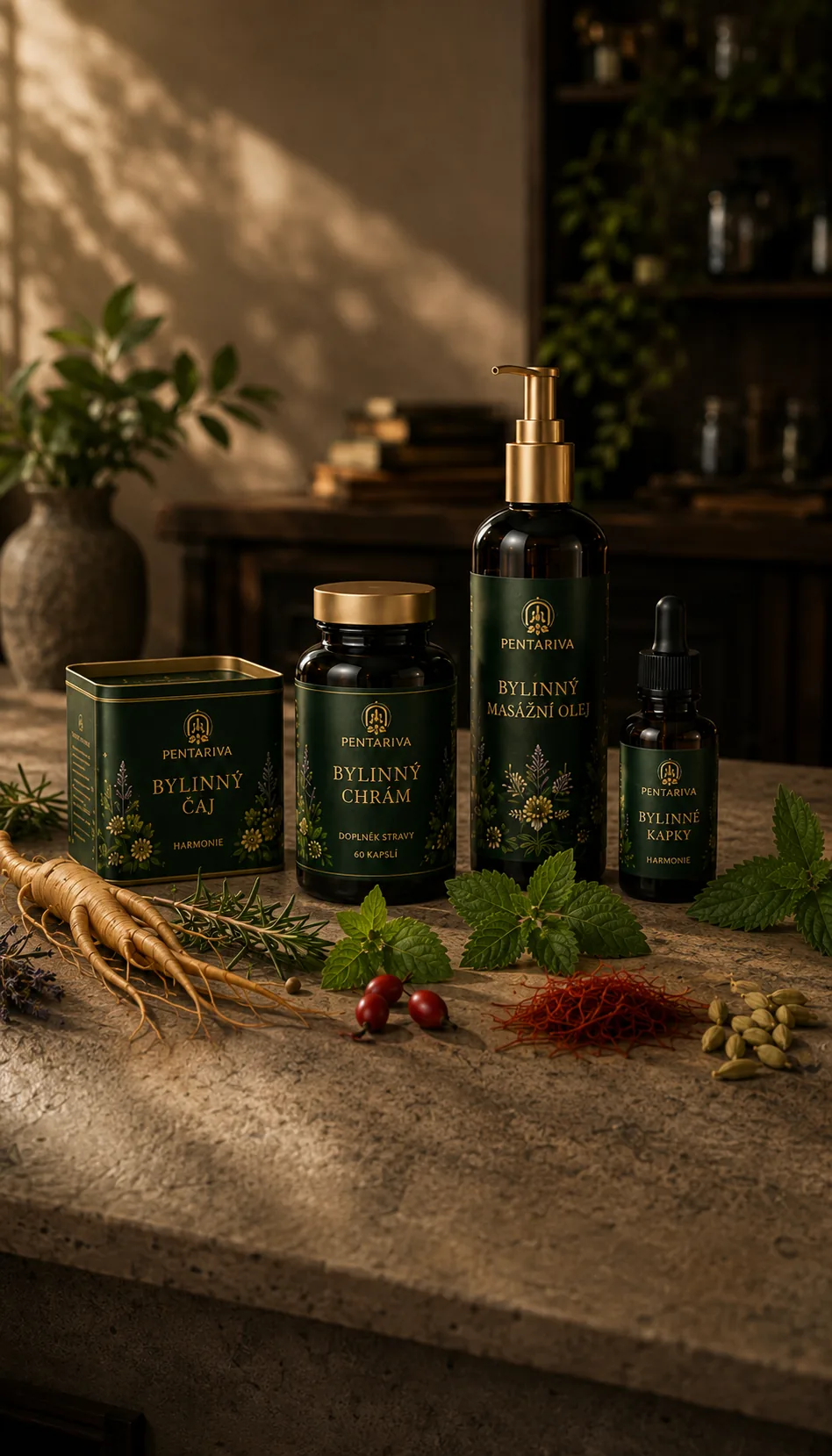 Bylinné produkty PENTARIVA v tmavě zelených lahvích se zlatými víčky