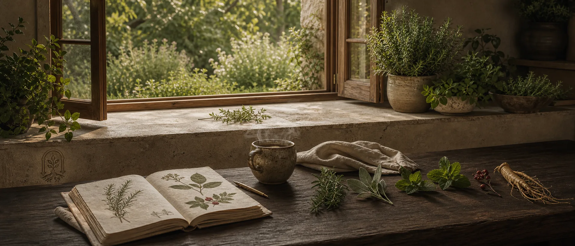 Tichý evropský botanický ateliér s otevřeným herbářem, šálkem, pěti bylinami a oknem do živé zahrady.