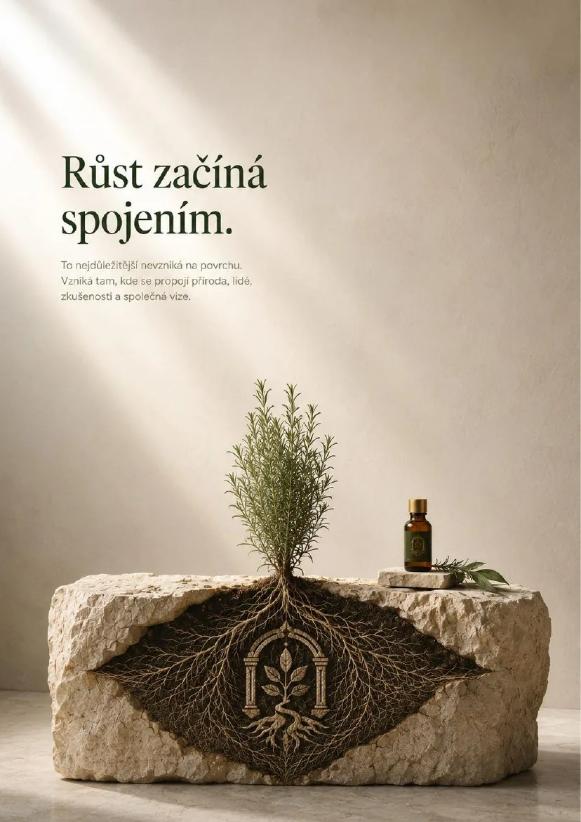 Rozmarýn s hlubokými kořeny v kameni s rytinou znaku PENTARIVA.