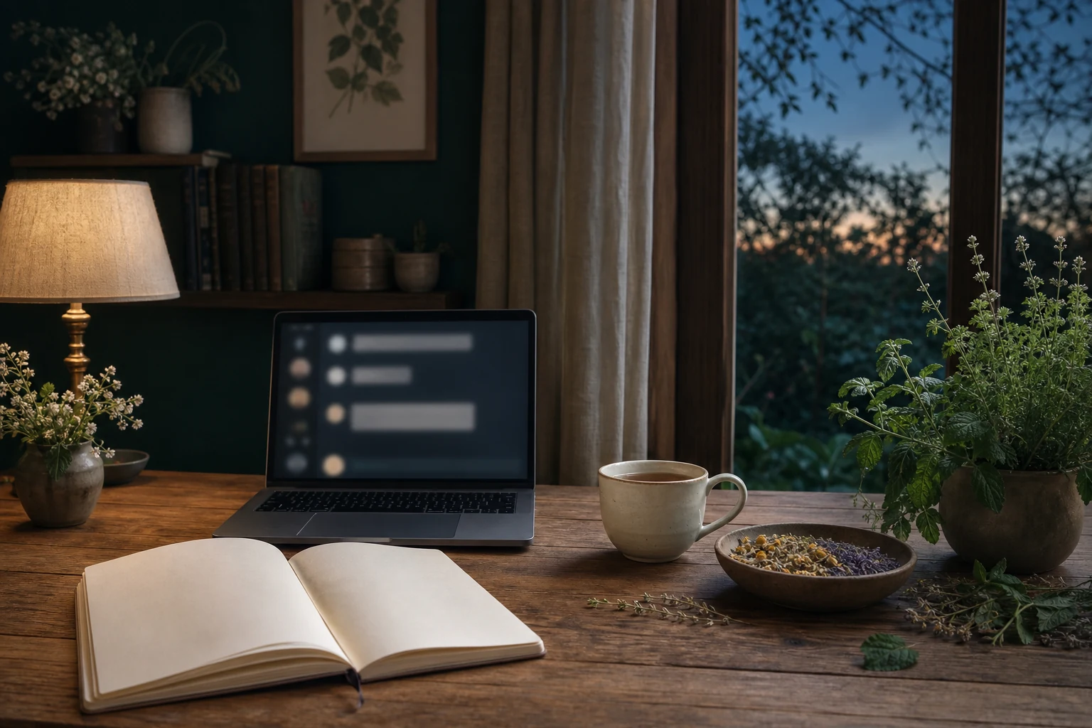 Klidné večerní pracovní místo s online setkáním, bylinným nálevem, zápisníkem a živými bylinami.